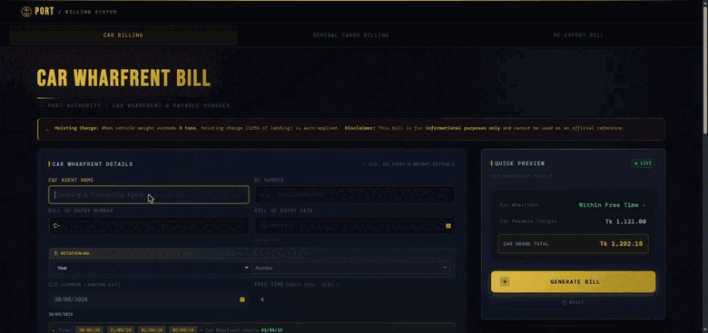Screen recording of the Port Billing Calculator: entering C&F agent and BL details, then the live Quick Preview total jumping from Tk 1,292.15 to Tk 3,087.42 as the hoisting-charge rule auto-applies above 3 tons.