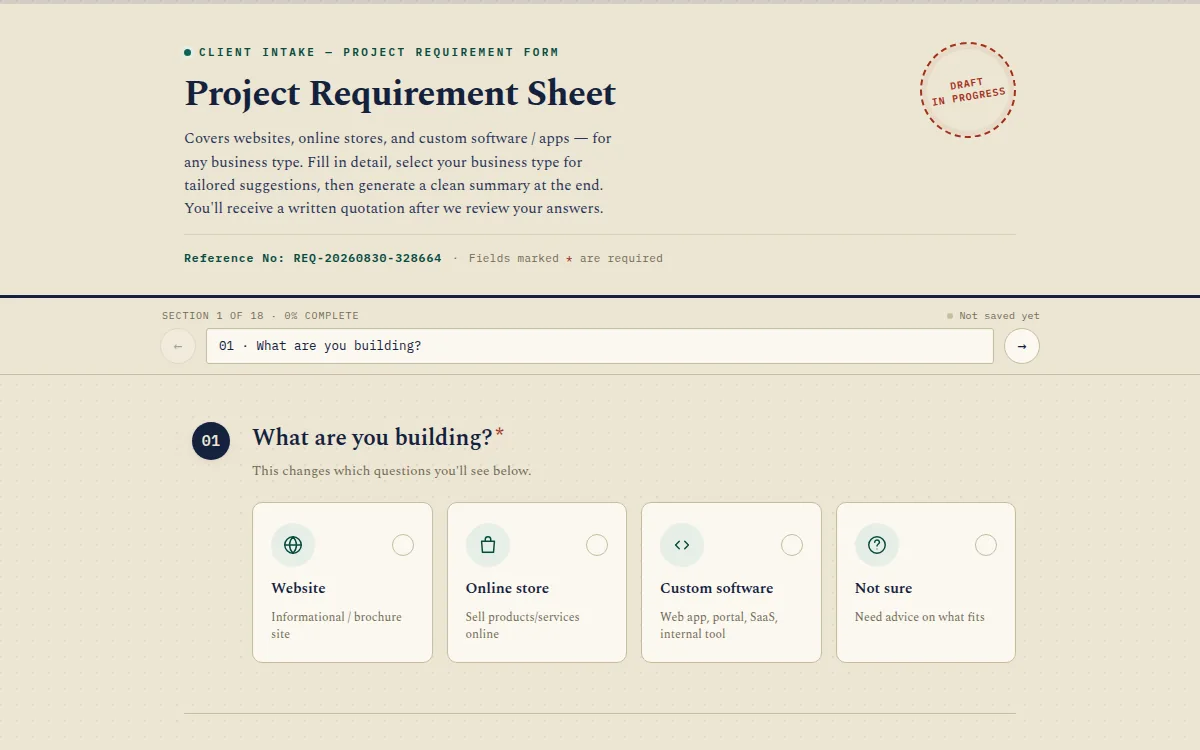 Client Intake Form project requirement sheet