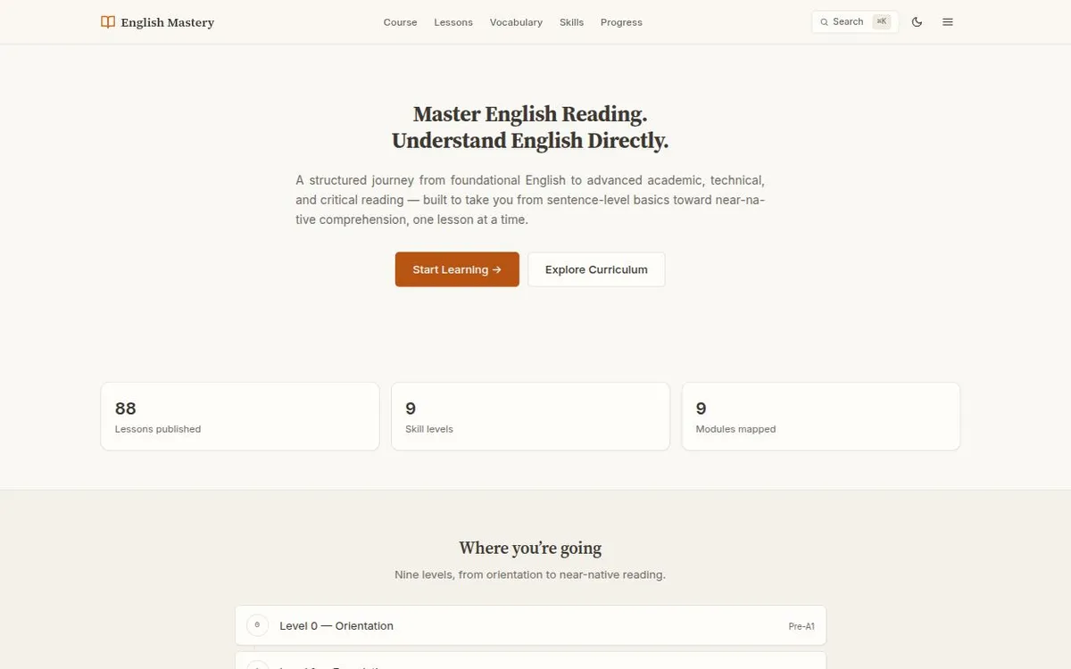 English Mastery homepage listing published lessons across nine skill levels