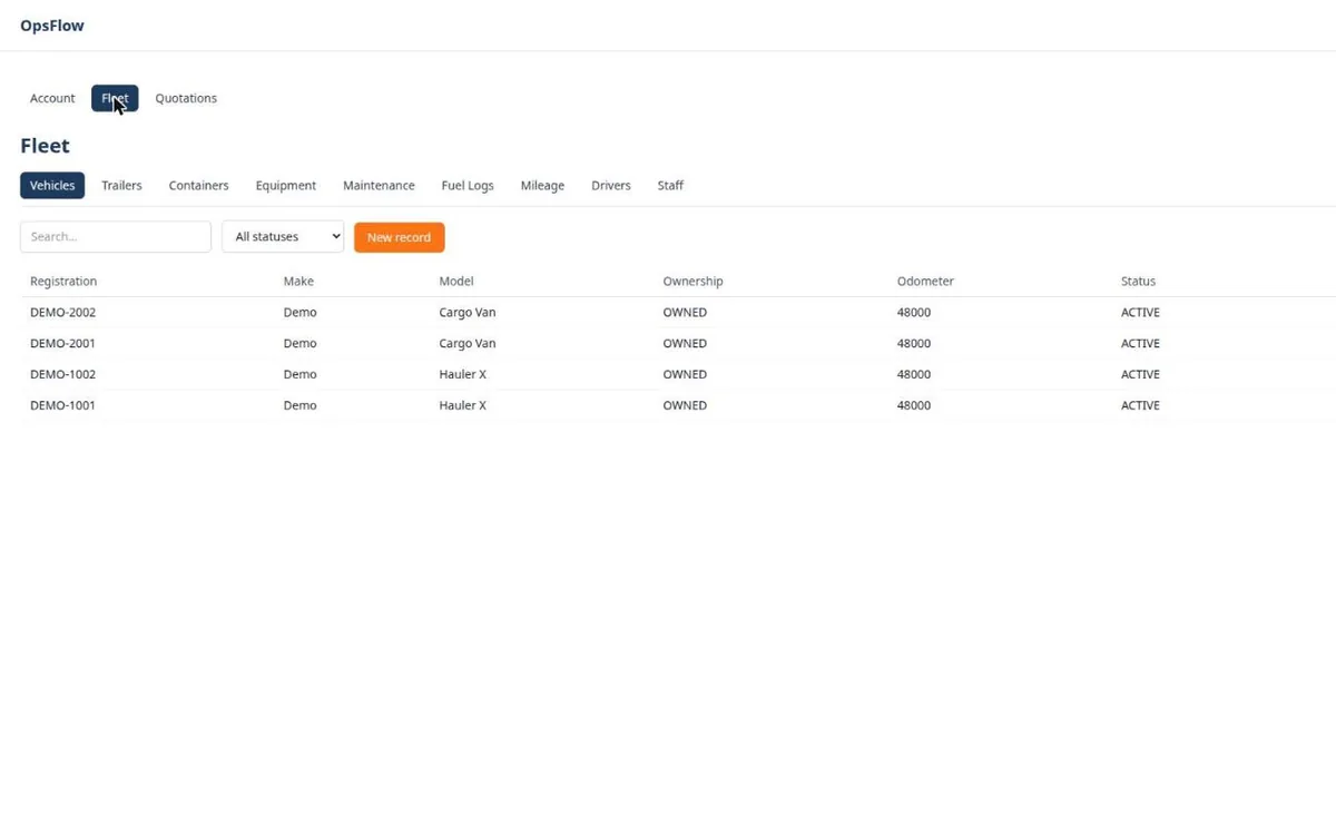 OpsFlow Fleet screen listing four demo vehicles with make, model, ownership, odometer and status