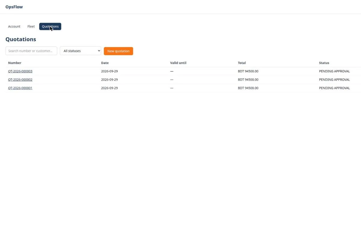 OpsFlow Quotations screen listing three demo quotations with date, total and pending-approval status