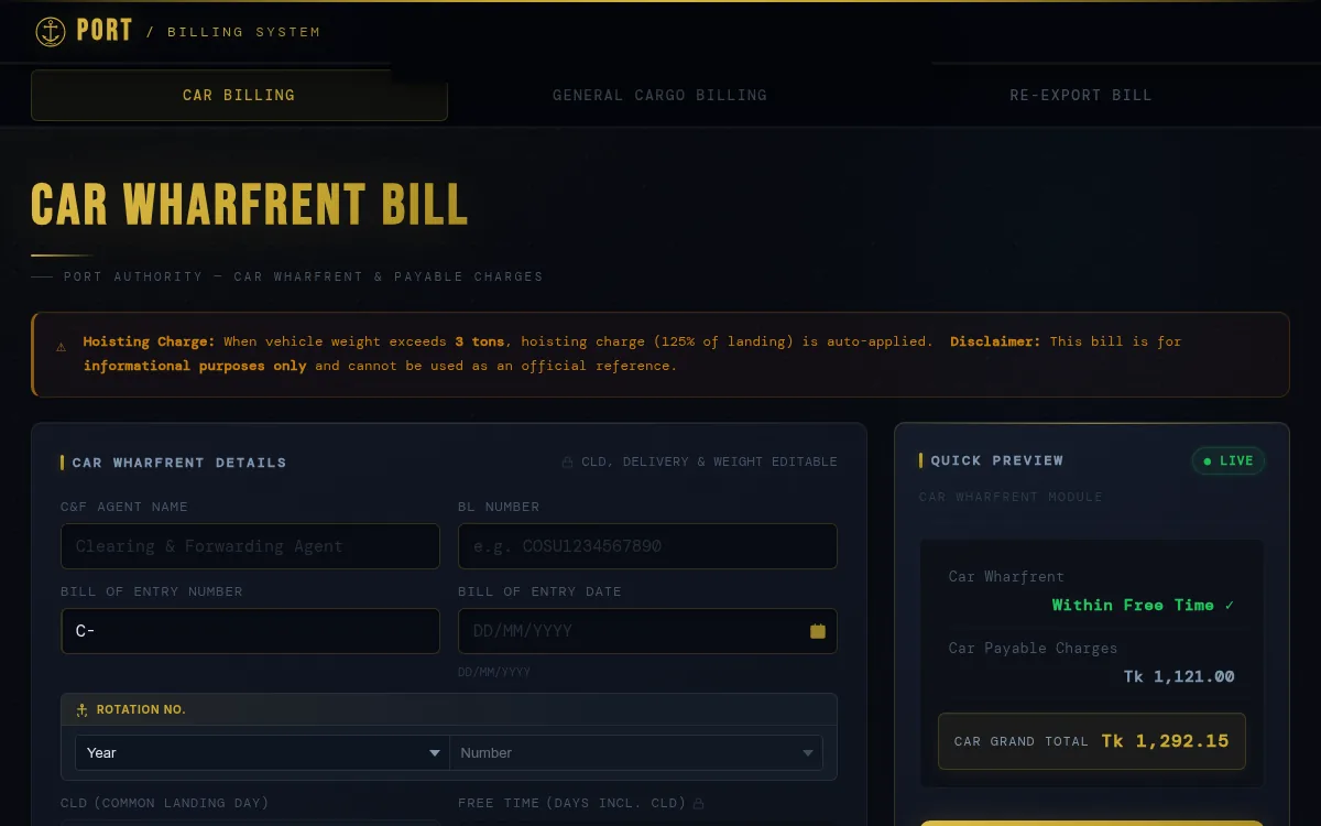 Port Billing Calculator interface — Car Wharfrent Bill form with live Quick Preview total